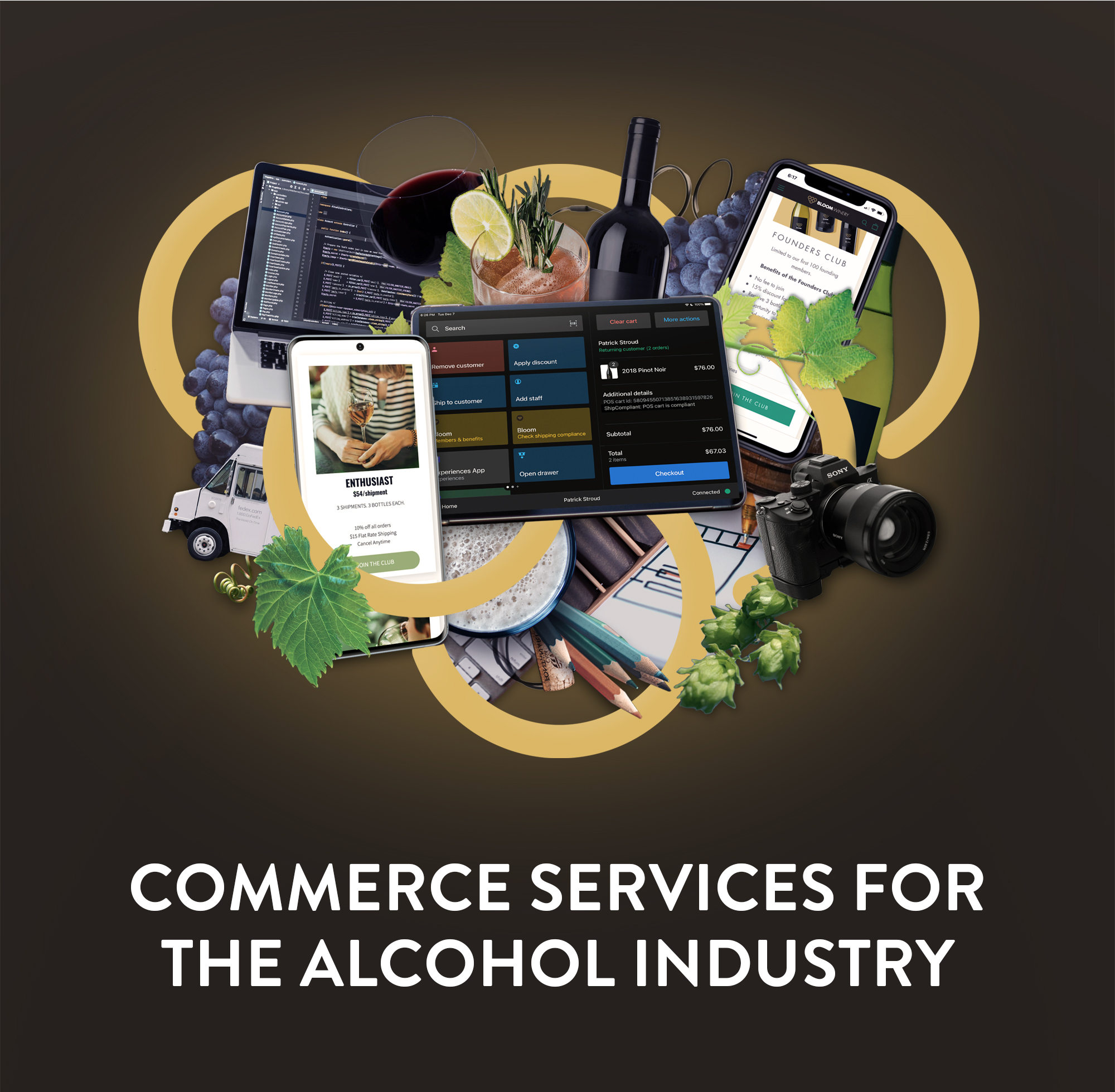 Bloom logo mark entwined with objects that represent the alcohol, marketing and ecommerce industries