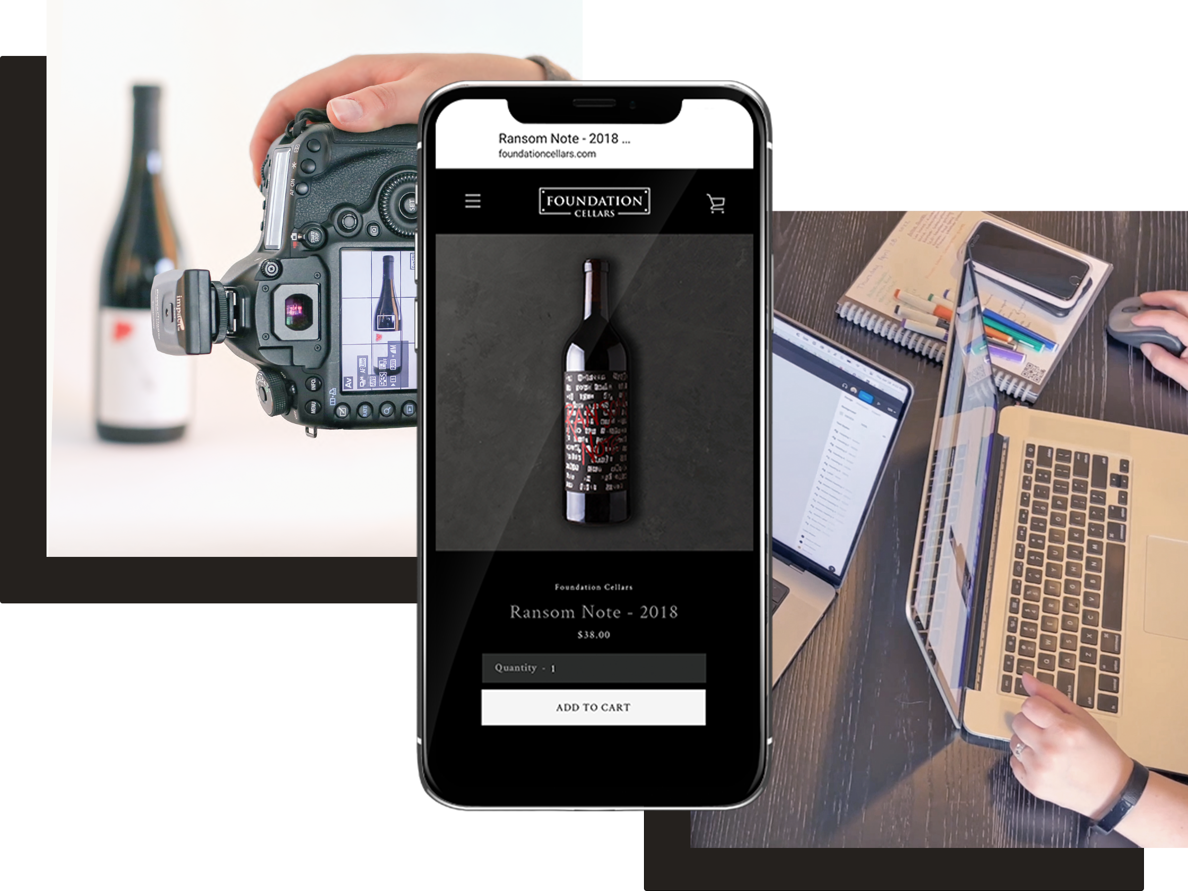 A camera taking a photo of a wine bottle in a studio. Two laptops on a meeting table suggestion collaboration and a phone with a screenshot from a Bloom client's website.